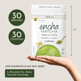 Encha Matcha Latte Powder vanilla-glass-cup presentation suitable for hot or iced drinks.