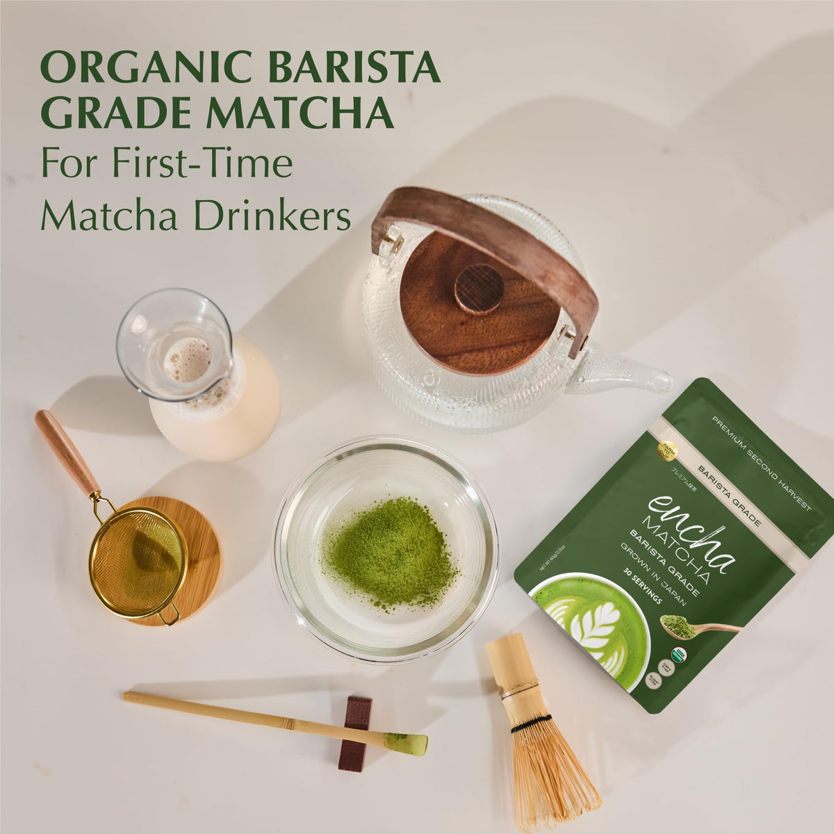 Encha matcha latte with milk swirls for a silky, café-style cup
