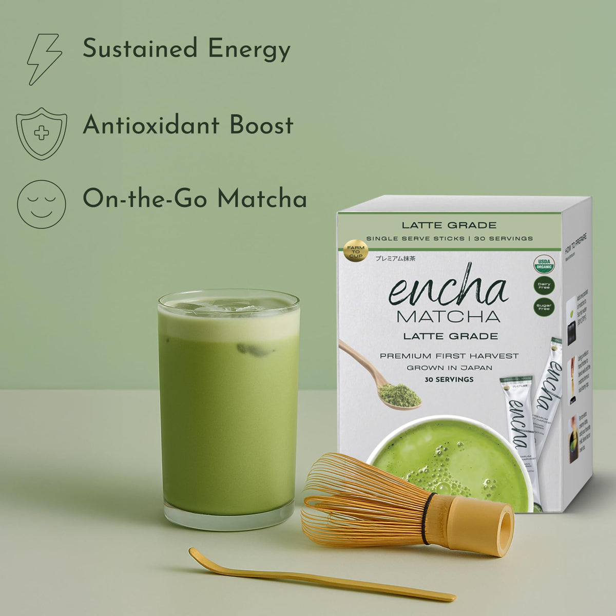 Encha Matcha single-serve sachets for on-the-go latte prep.