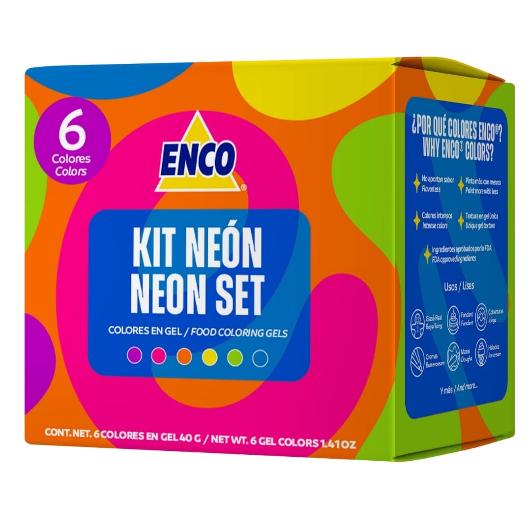 ENCO 6 Neon color set pack with vibrant gels for bold cake decorating.