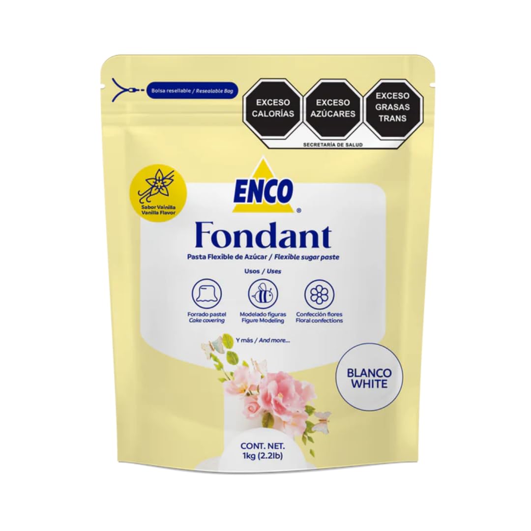 ENCO Premium White Fondant packaging shows ready-to-use product in a resealable tub.