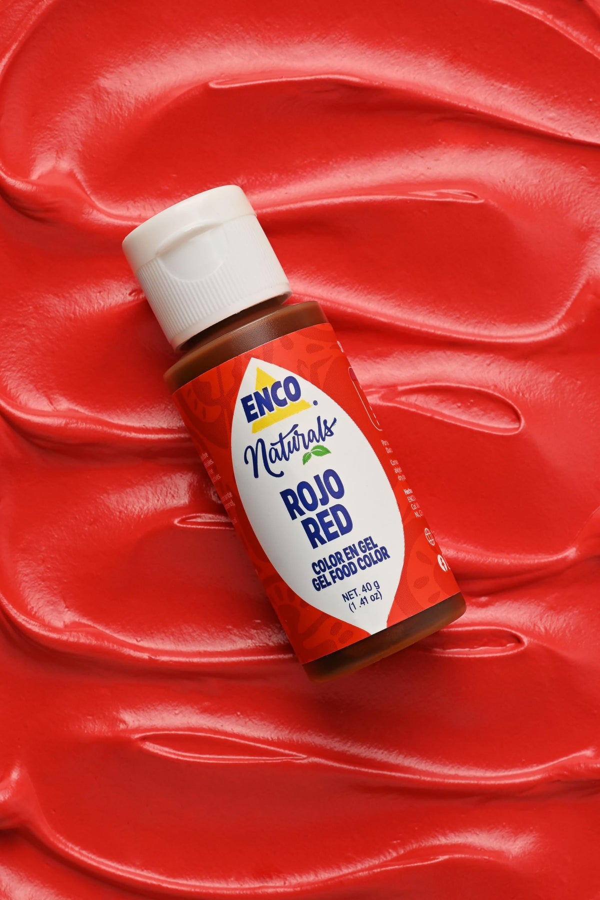 ENCO Red Gel on icing swatch demonstrates vibrant color for cupcakes.