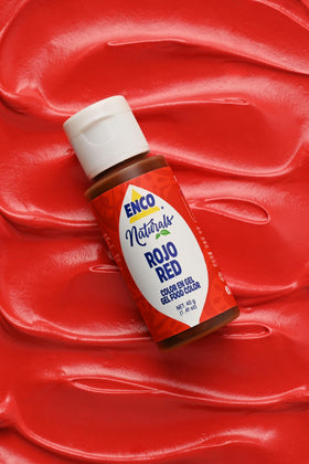 ENCO Red Gel on icing swatch demonstrates vibrant color for cupcakes.