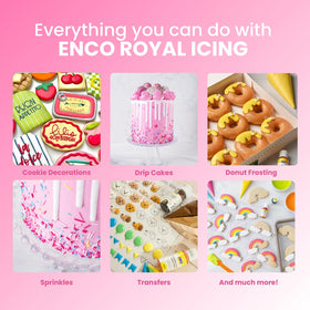 ENCO White Royal Icing Mix prepared icing in a bowl ready to pipe transfers.