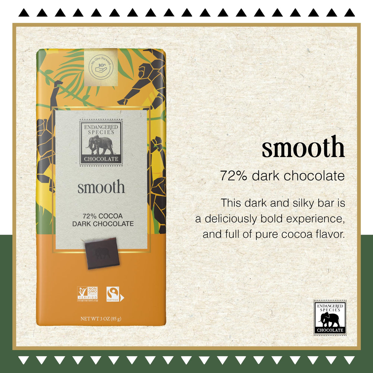 Endangered Species Chocolate 72% bar texture close-up emphasizes rich cocoa