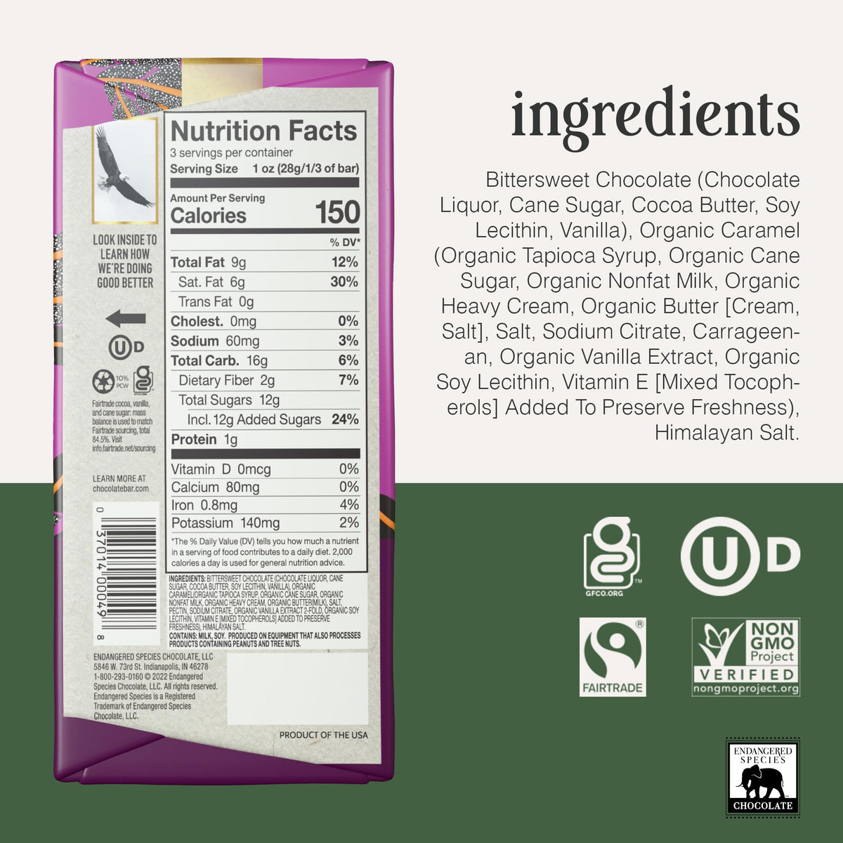 Endangered Species chocolate bar bite close-up emphasizes 60% cocoa richness.