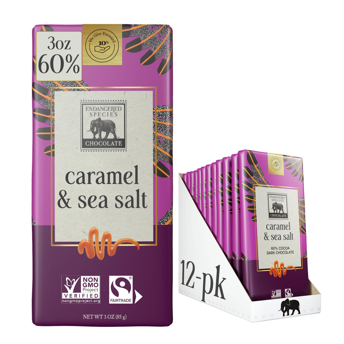 Endangered Species chocolate bar with caramel and sea salt front view, gourmet snack.