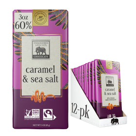 Endangered Species chocolate bar with caramel and sea salt front view, gourmet snack.