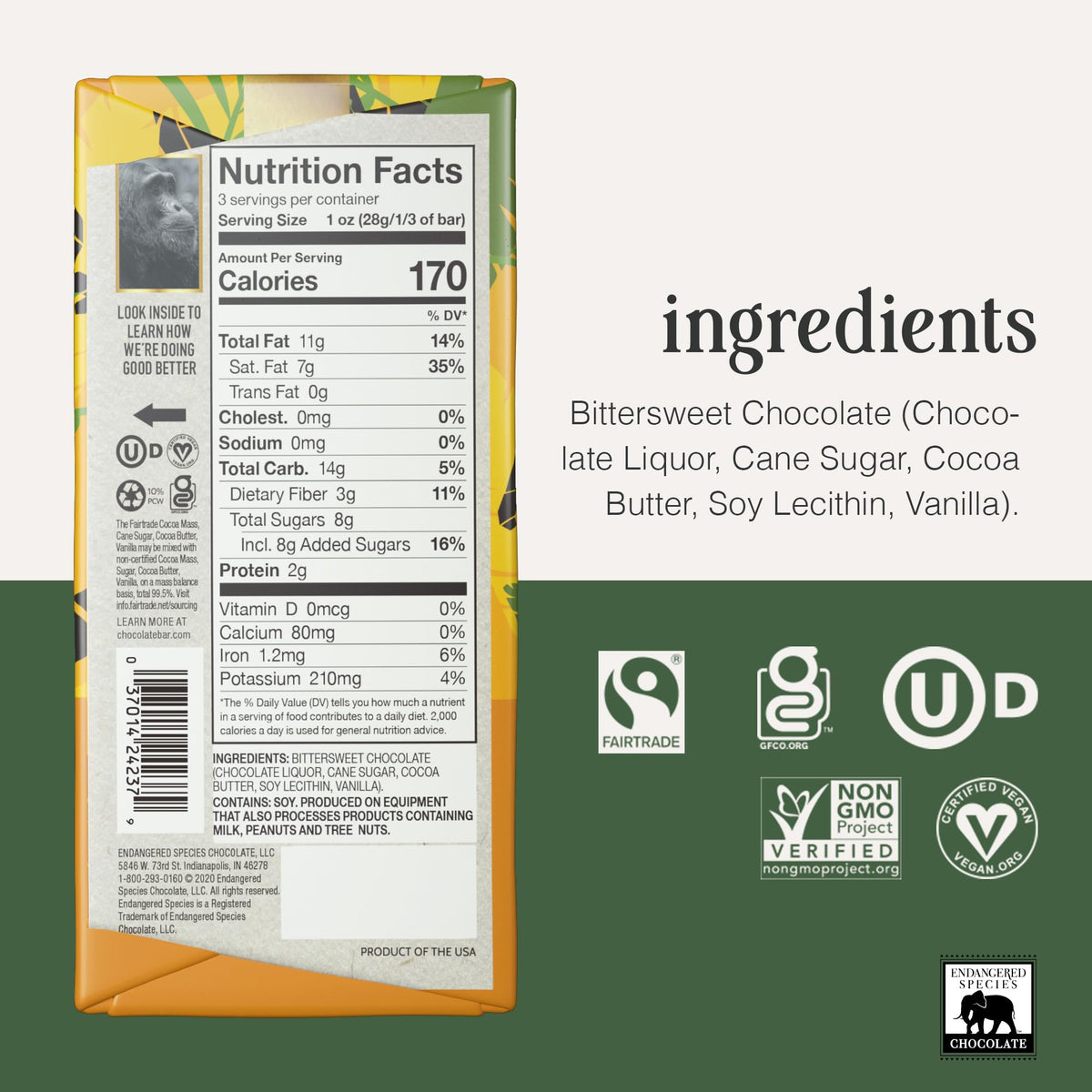 Endangered Species Chocolate fairtrade label on bar packaging