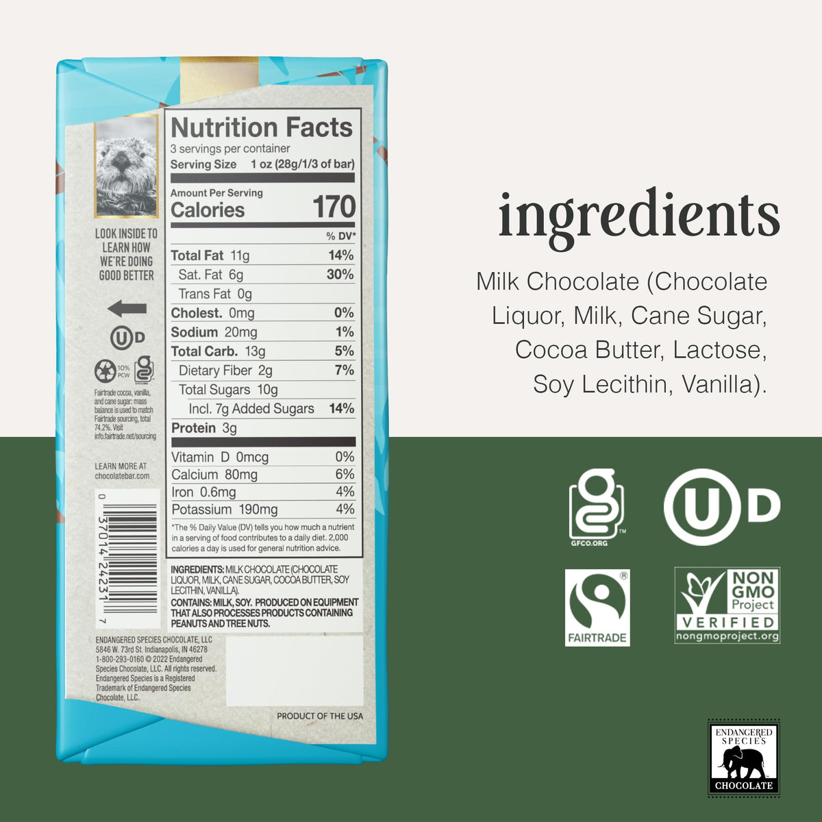 Endangered Species Milk Chocolate Bar 48% cocoa image demonstrates balanced sweetness.