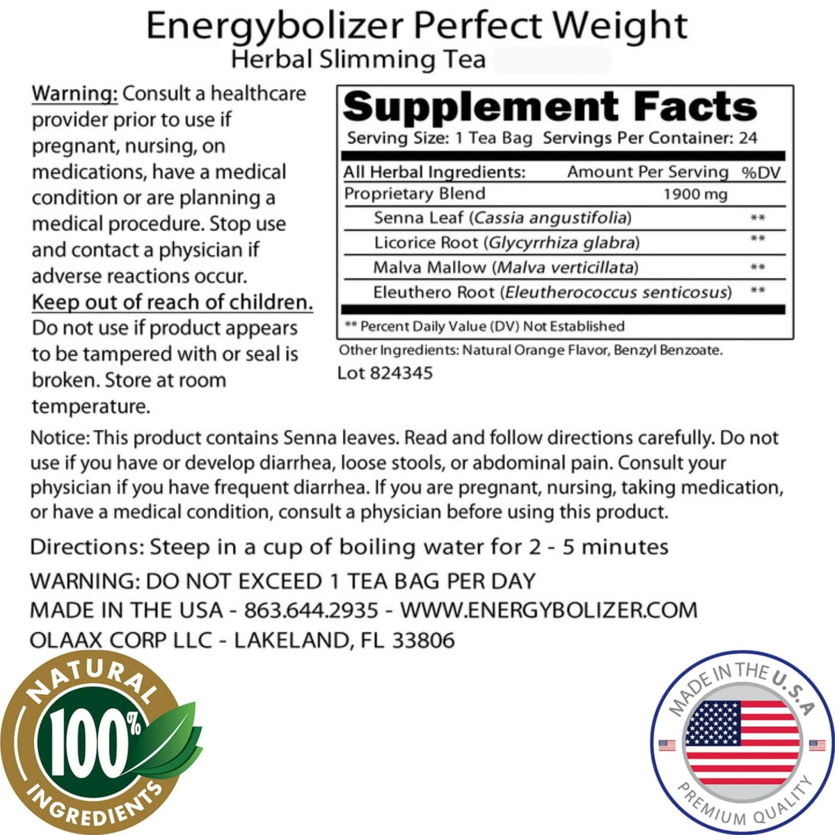 Energybolizer Herbal Tea packaging highlighting all-natural ingredients and USA production