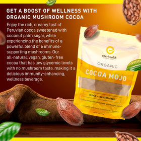 EnerHealth Cocoa Mojo cocoa powder bag showing non-Dutched Peruvian cocoa and low glycemic sugar.