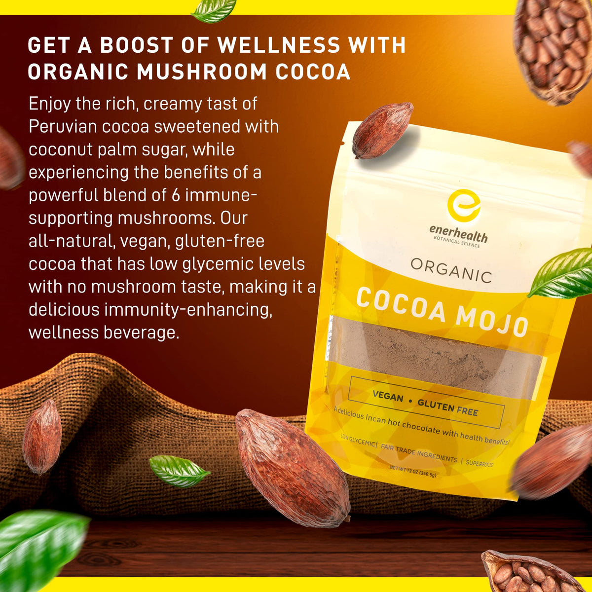 EnerHealth Cocoa Mojo cup serving hot chocolate with creamy cocoa flavor.