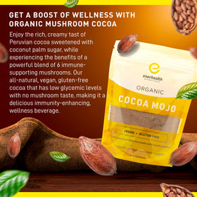 EnerHealth Cocoa Mojo cup serving hot chocolate with creamy cocoa flavor.