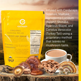 EnerHealth Cocoa Mojo ingredients board highlighting six immune mushrooms.