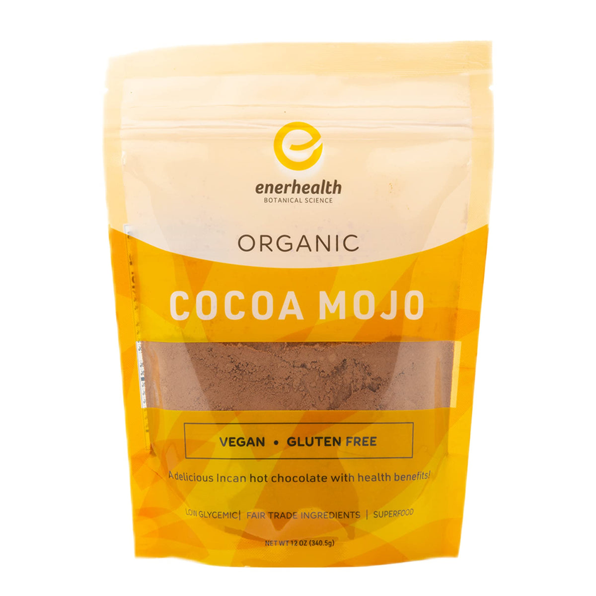 EnerHealth Cocoa Mojo packaging showing organic cocoa and mushroom blend label for immunity support.