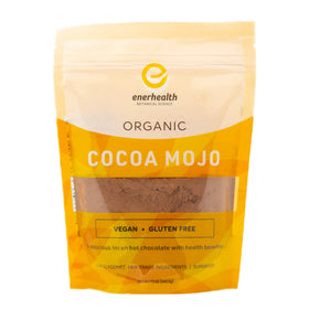 EnerHealth Cocoa Mojo packaging showing organic cocoa and mushroom blend label for immunity support.