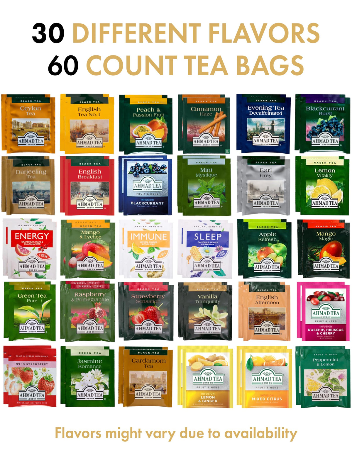 Enjoy Better Coffee 30-flavor tea assortment display for gifting or gatherings.