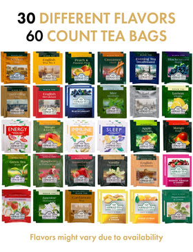 Enjoy Better Coffee 30-flavor tea assortment display for gifting or gatherings.