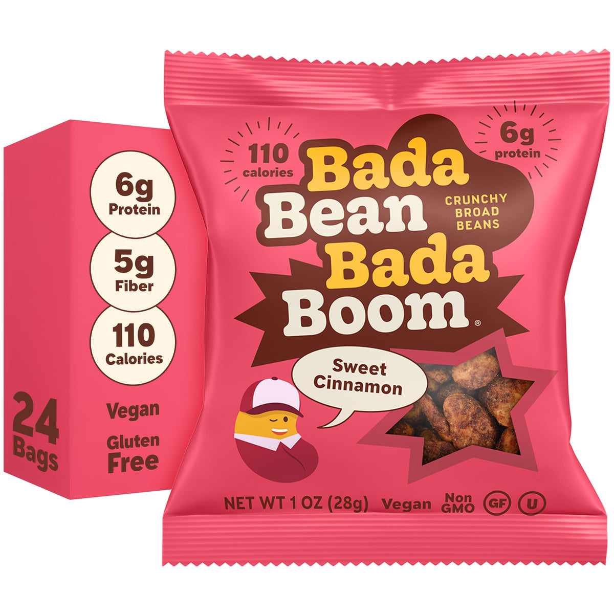 Enlightened Bada Bean Bada Boom Cinnamon bag showing a crunchy, protein-packed vegan snack