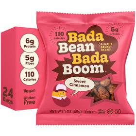 Enlightened Bada Bean Bada Boom Cinnamon bag showing a crunchy, protein-packed vegan snack