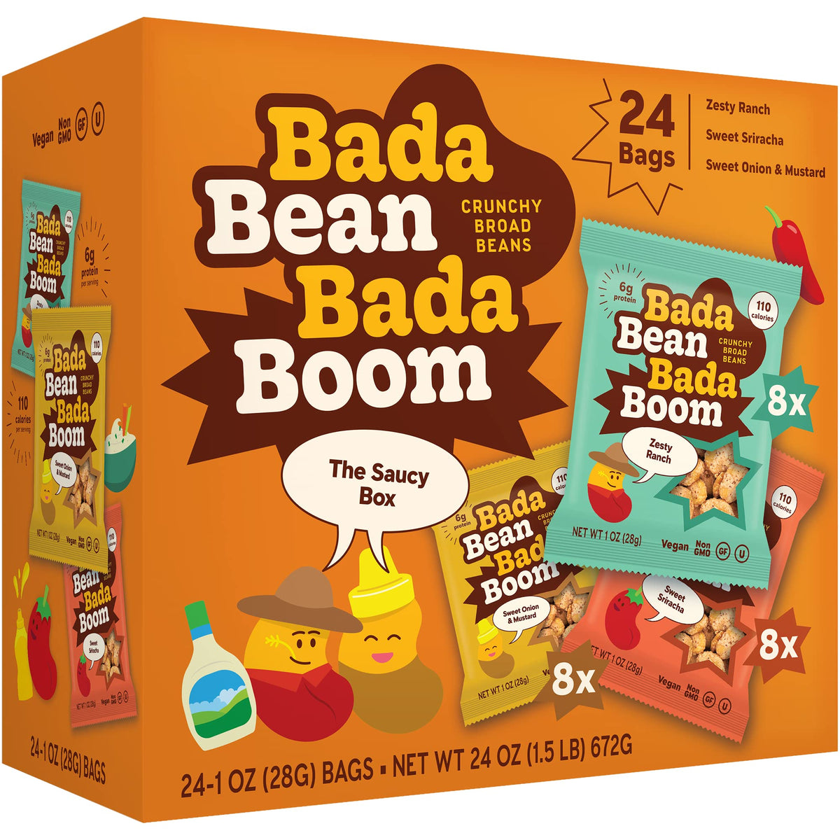 Enlightened Bada Bean Bada Boom packaging showing gluten-free vegan snack for on-the-go