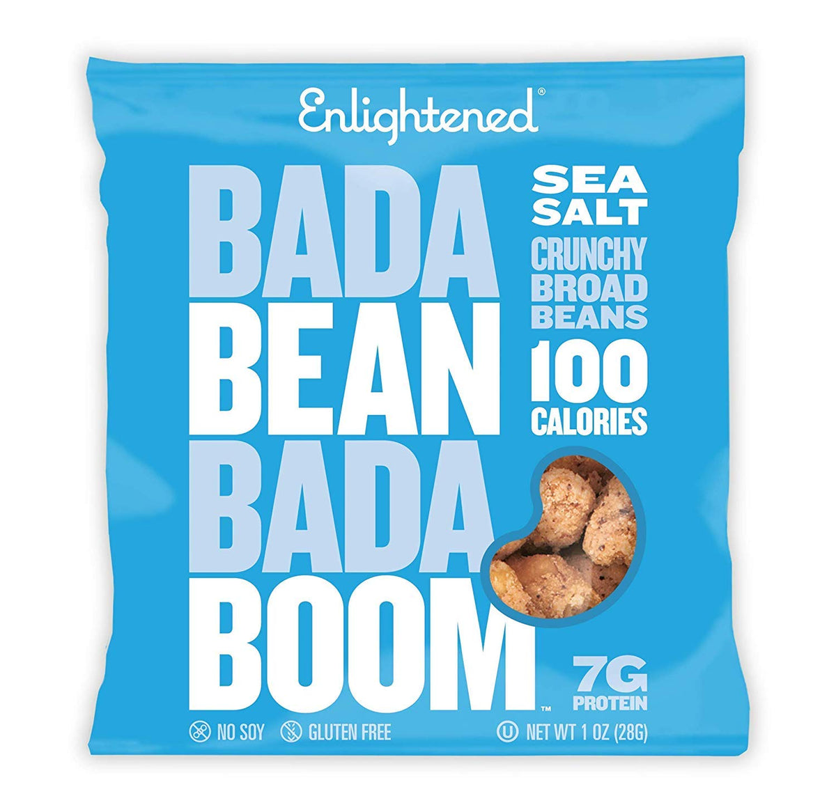 Enlightened Bada Bean Bada Boom roasted fava beans snack, protein-rich and gluten-free for on-the-go.
