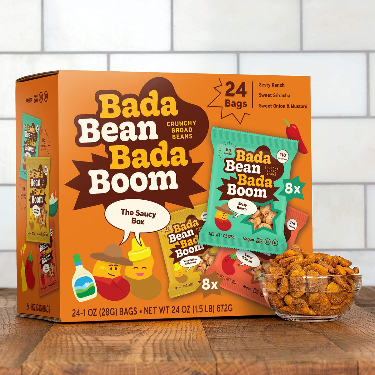 Vegan and gluten-free Enlightened broad bean snack badge is visible