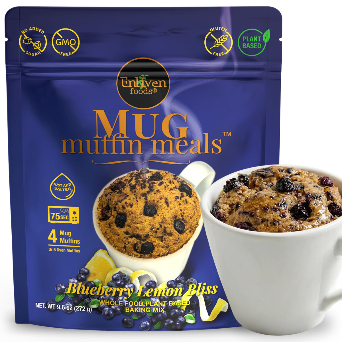 Enliven Foods blueberry lemon mug muffin, a convenient gluten-free vegan snack with prebiotic fiber.