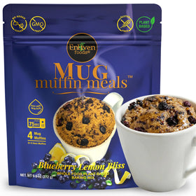 Enliven Foods blueberry lemon mug muffin, a convenient gluten-free vegan snack with prebiotic fiber.