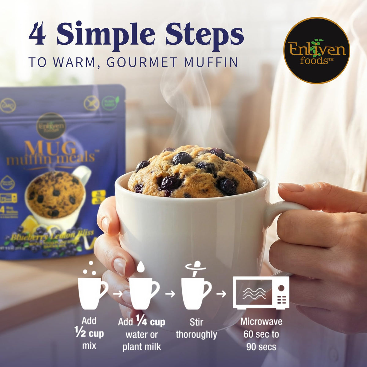 Enliven Foods prebiotic fiber mug muffin, supports gut-friendly snacking.