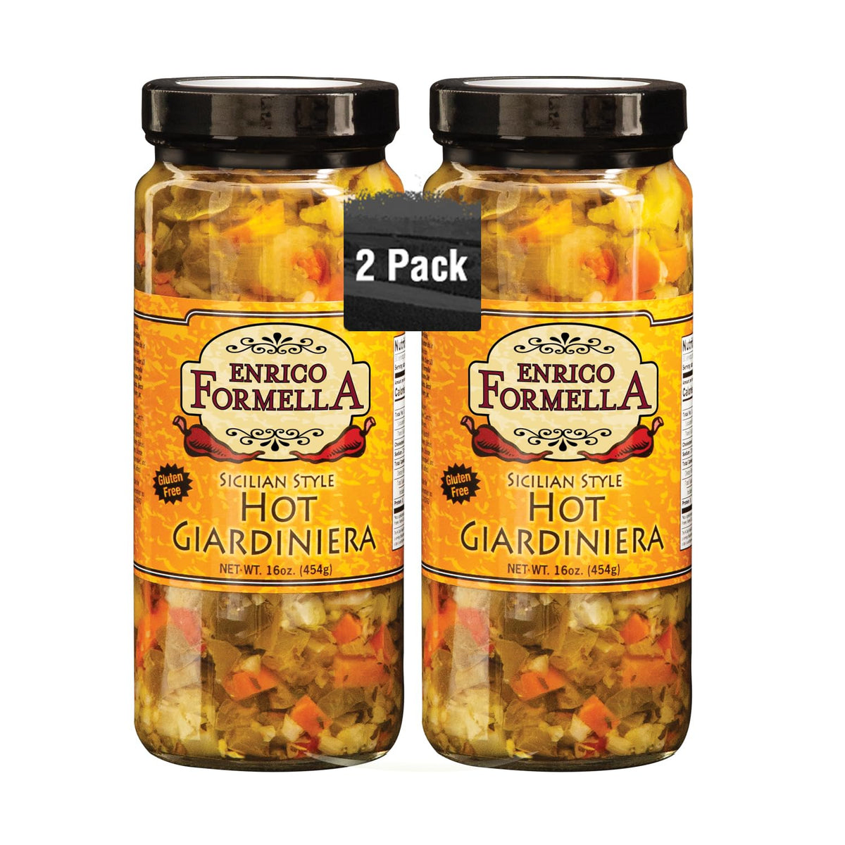 Enrico Formella Hot Giardiniera bottle front view shows bold Chicago-style heat for appetizers