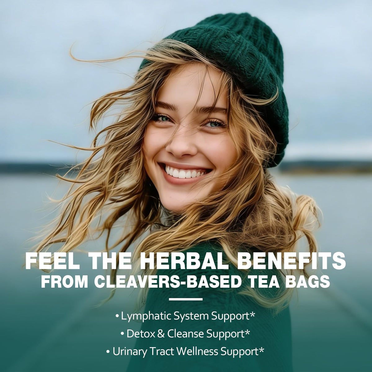 EnrychLeafo Cleavers tea packaging highlights non-GMO and gluten-free claims.
