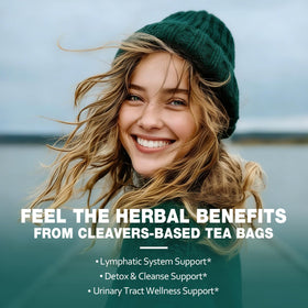 EnrychLeafo Cleavers tea packaging highlights non-GMO and gluten-free claims.