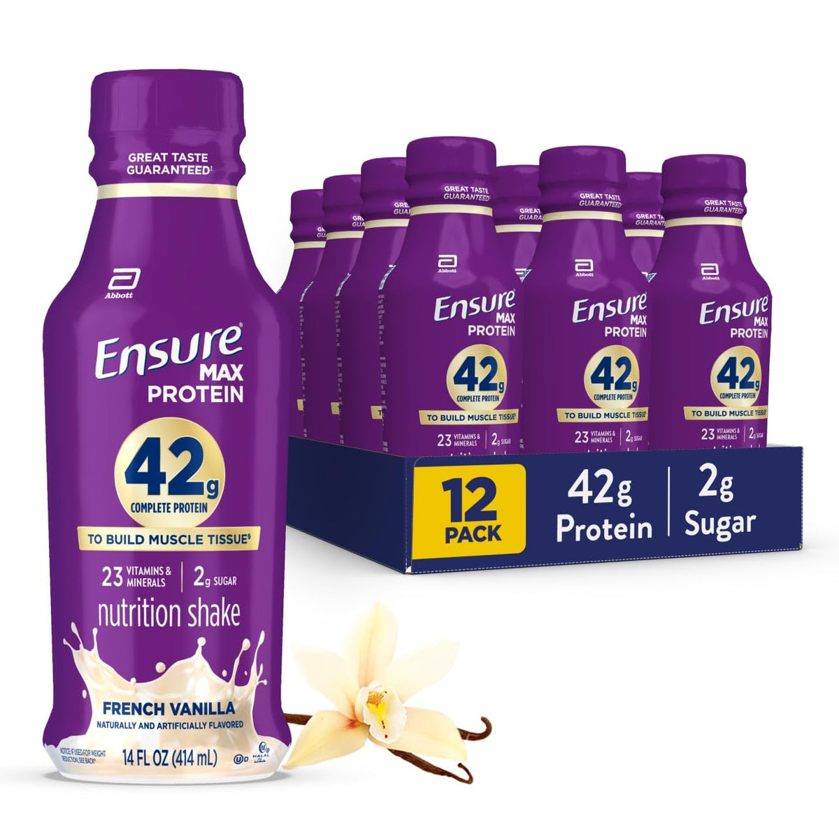 Ensure Max Protein 42g vanilla bottle on shelf for convenient post-workout nutrition