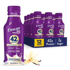 Ensure Max Protein 42g vanilla bottle on shelf for convenient post-workout nutrition
