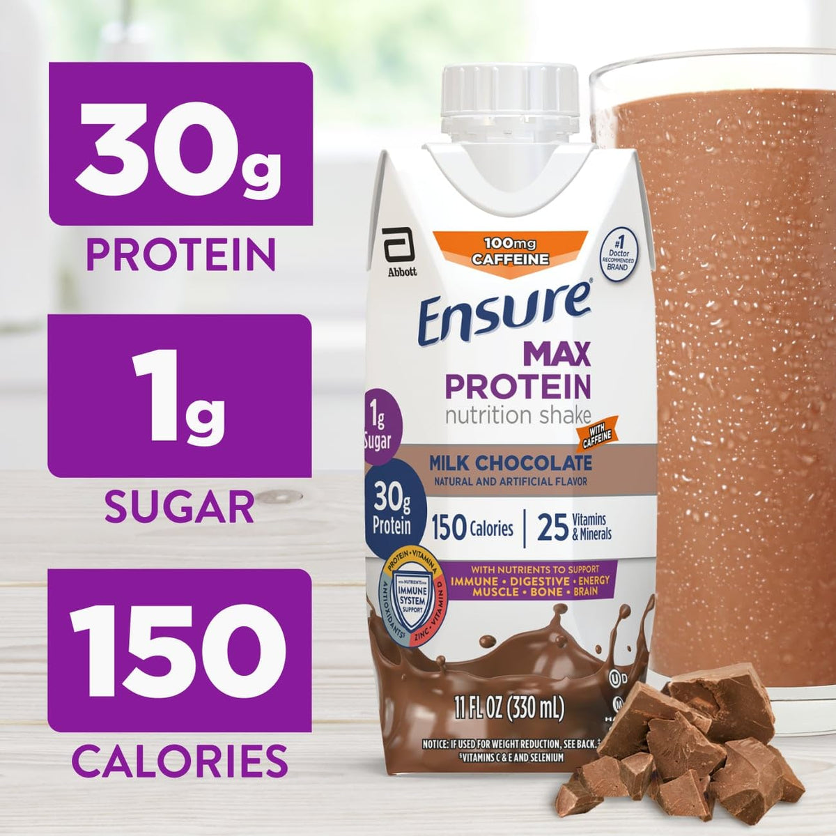 Pouring Ensure Max Protein Milk Chocolate into glass for a quick protein boost
