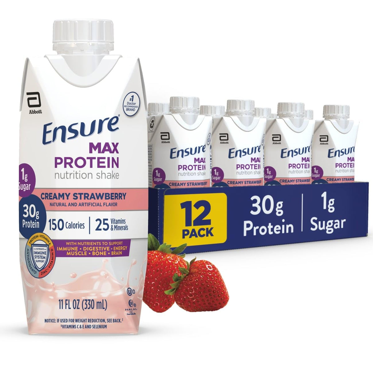 Ensure Max Protein Shake Creamy Strawberry bottle showing 30g protein.