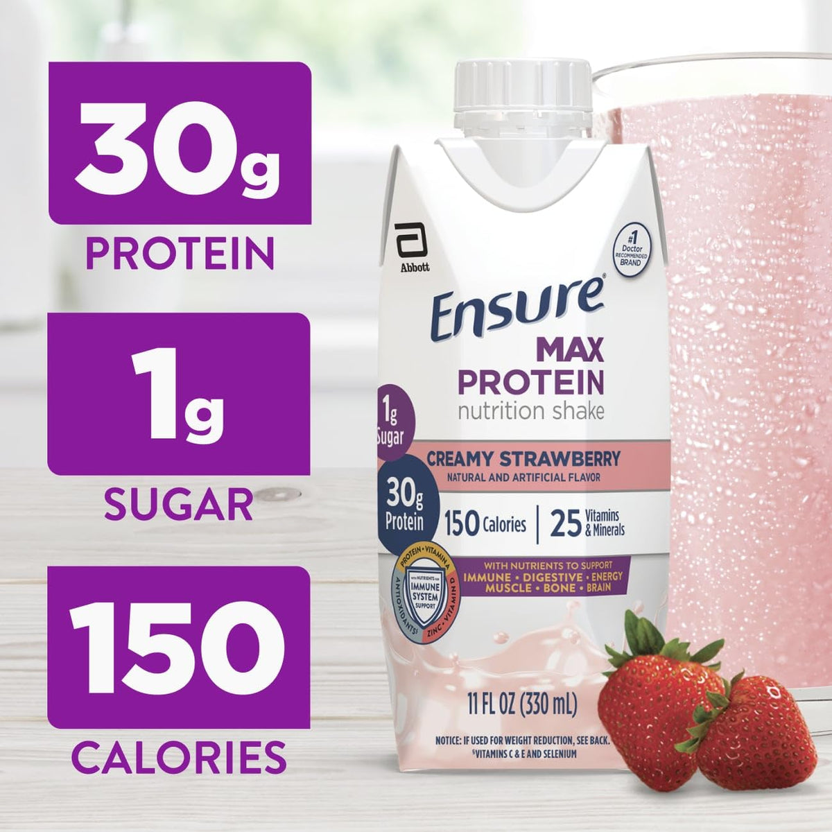 Pour shot of Ensure Max Protein Shake Creamy Strawberry.