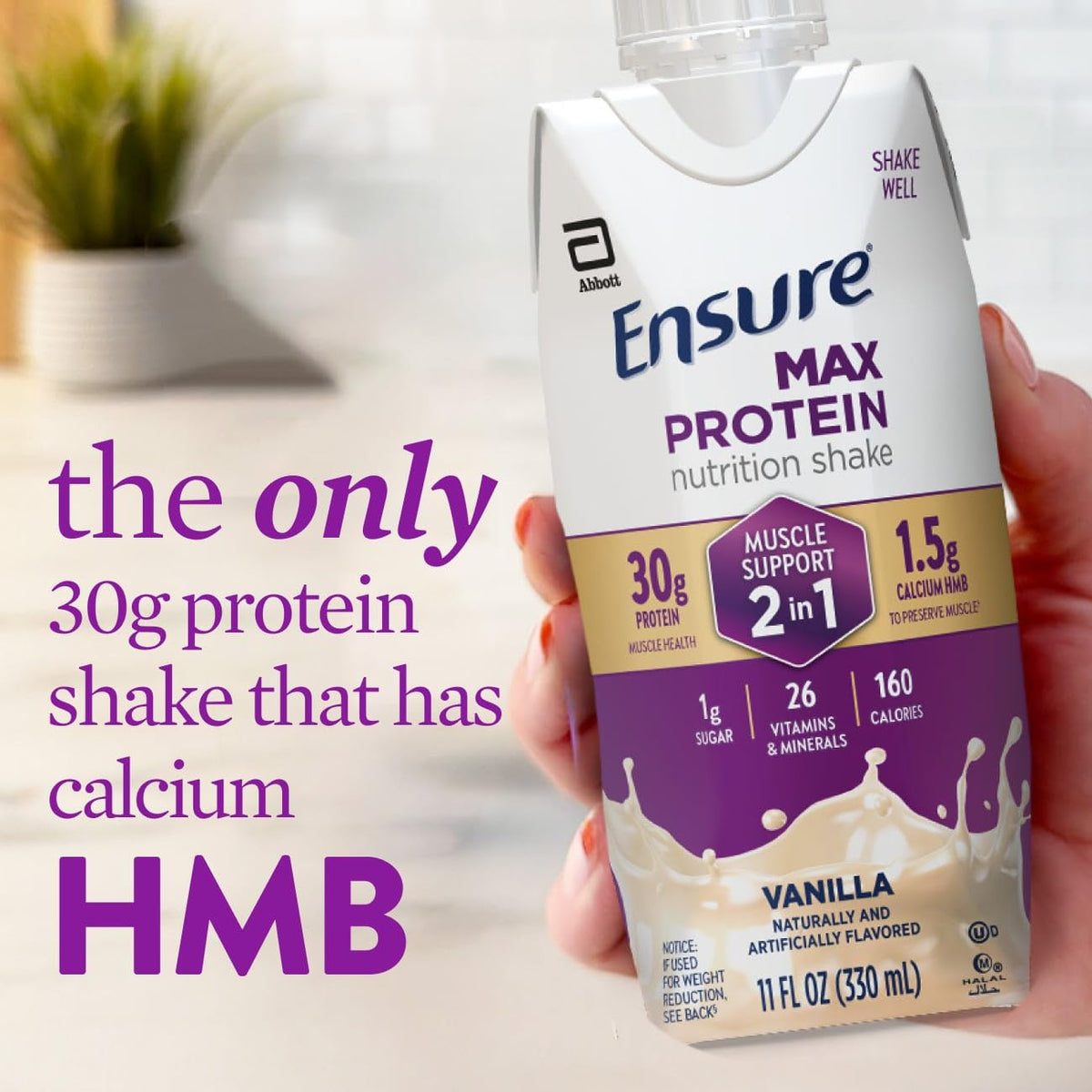 Ensure Max Protein Shake nutrition panel with 26 vitamins supports balanced daily nutrition.