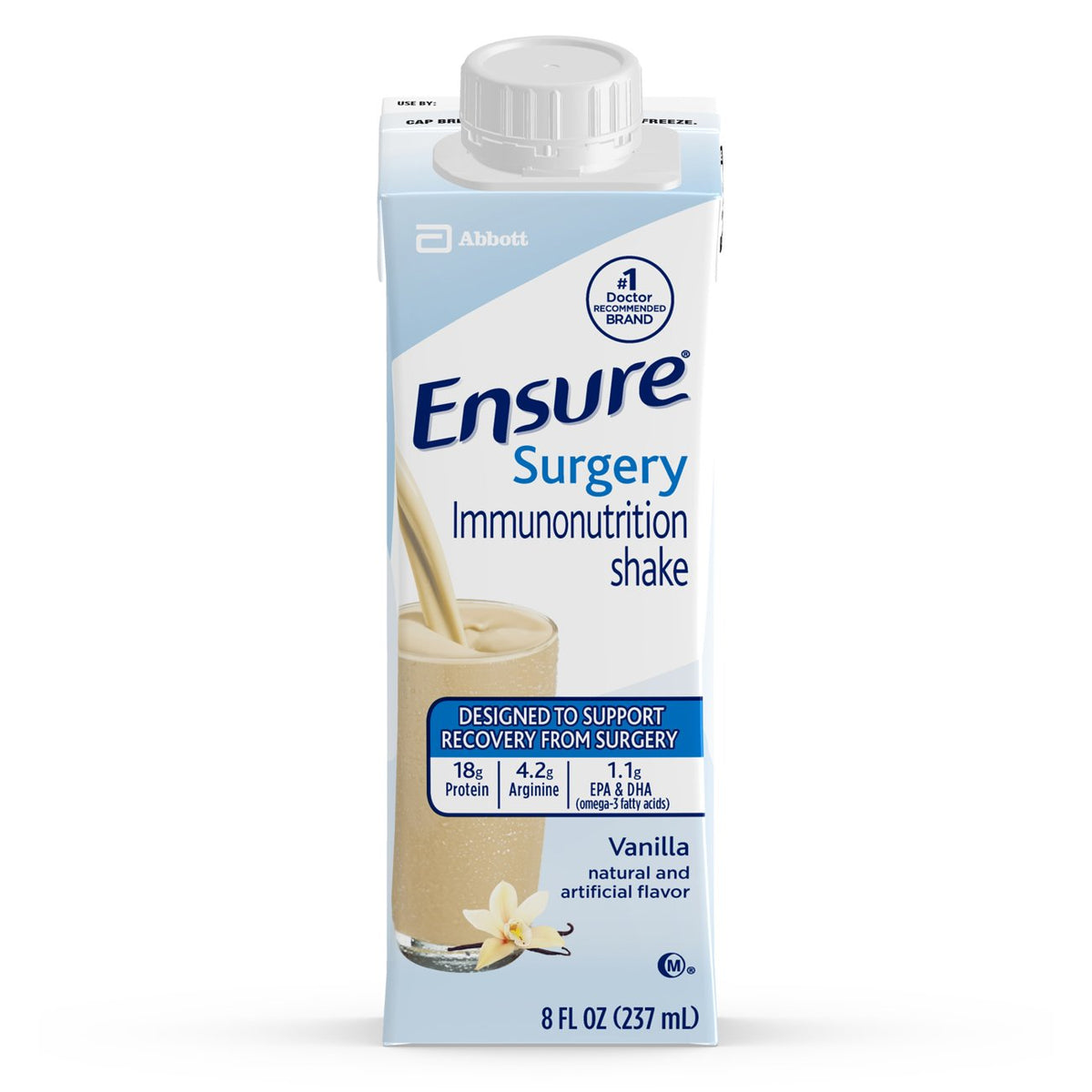 Ensure Surgery Vanilla Shake bottle highlights 18 g protein for recovery support.