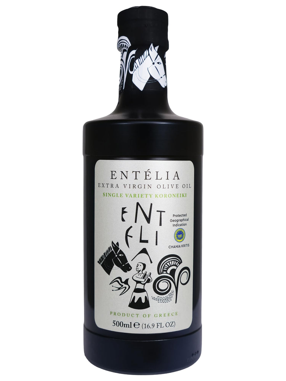 Entelia extra virgin olive oil bottle, front view, ideal for finishing dishes with Crete flavor.