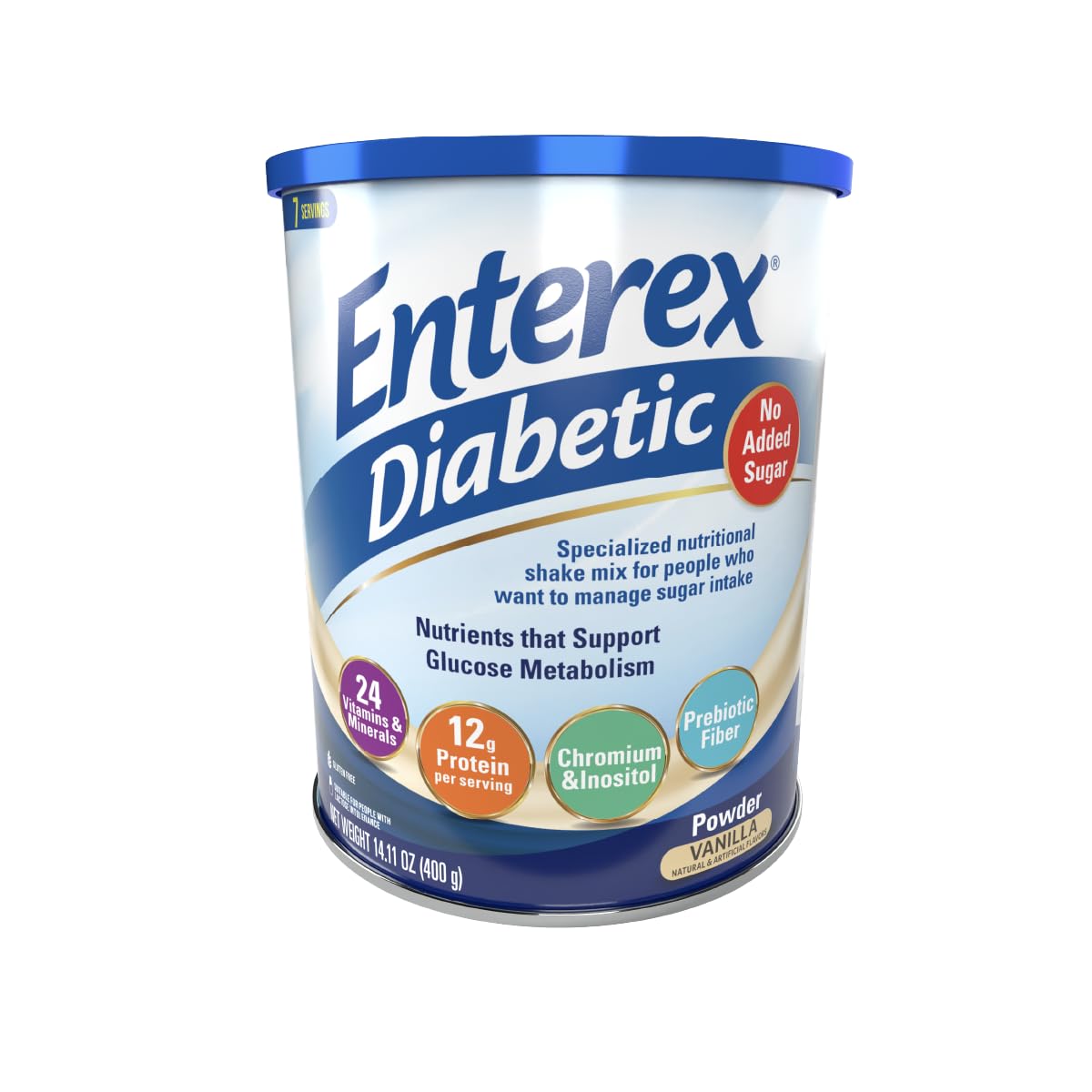 Enterex Diabetic canister front showing brand and sugar-conscious nutrition benefits.