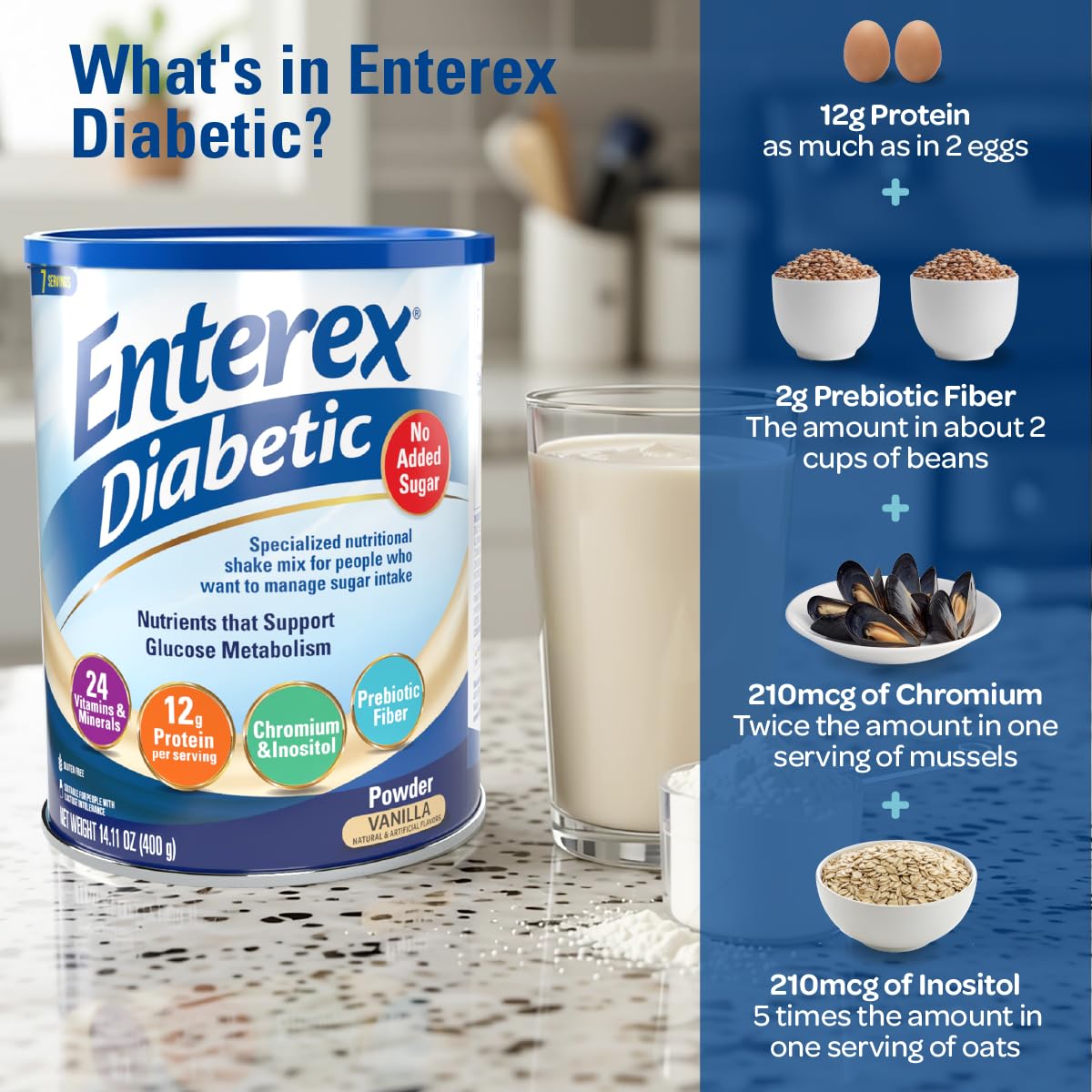 Enterex Diabetic label closeup highlighting gluten-free and lactose-friendly claims.