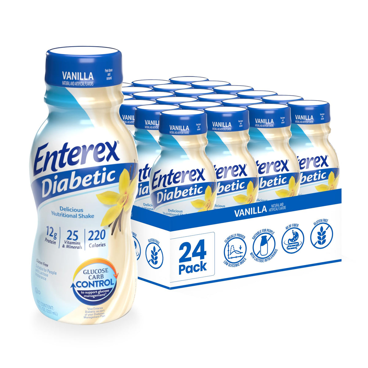 Enterex Diabetic vanilla shake bottle, ready-to-drink nutrition for on-the-go meals.