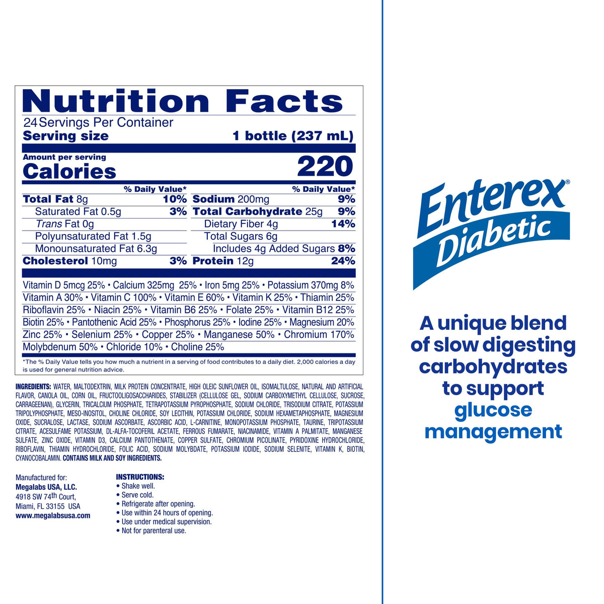 Enterex Diabetic shake being poured to show convenient ready-to-drink serving.