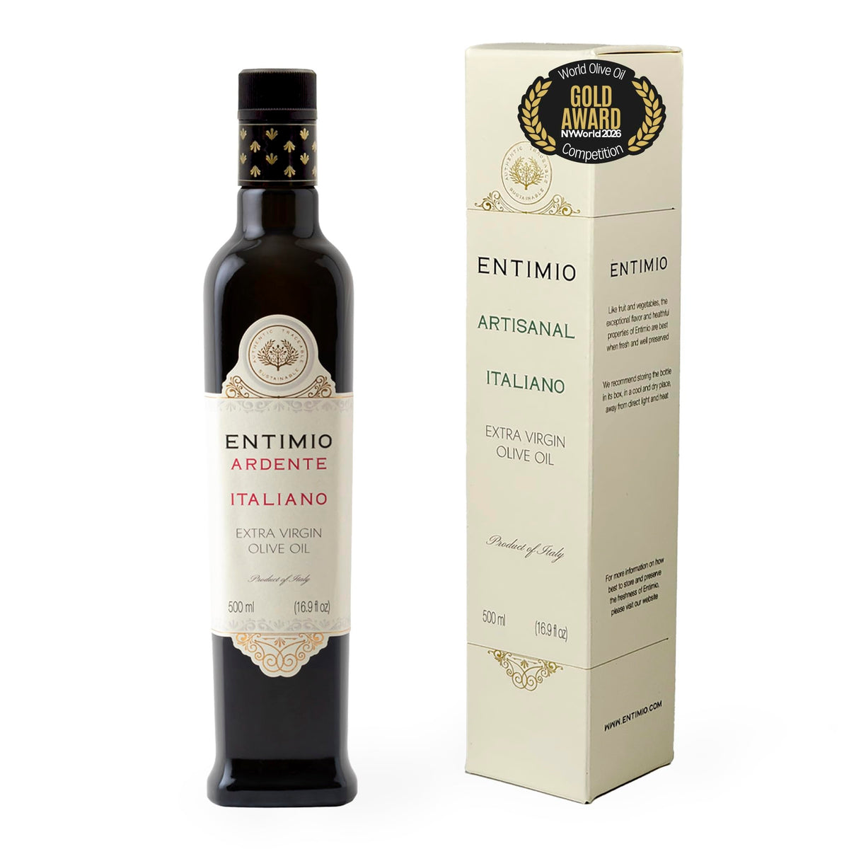 Entimio Ardente olive oil bottle close-up showcasing premium packaging for gifting