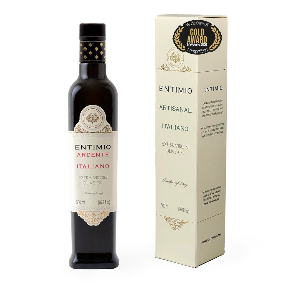 Entimio Ardente olive oil bottle close-up showcasing premium packaging for gifting