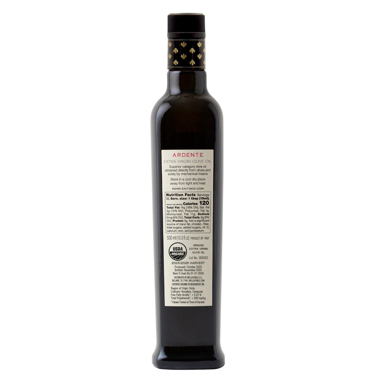 Entimio Ardente olive oil pouring scene highlighting premium bottle design
