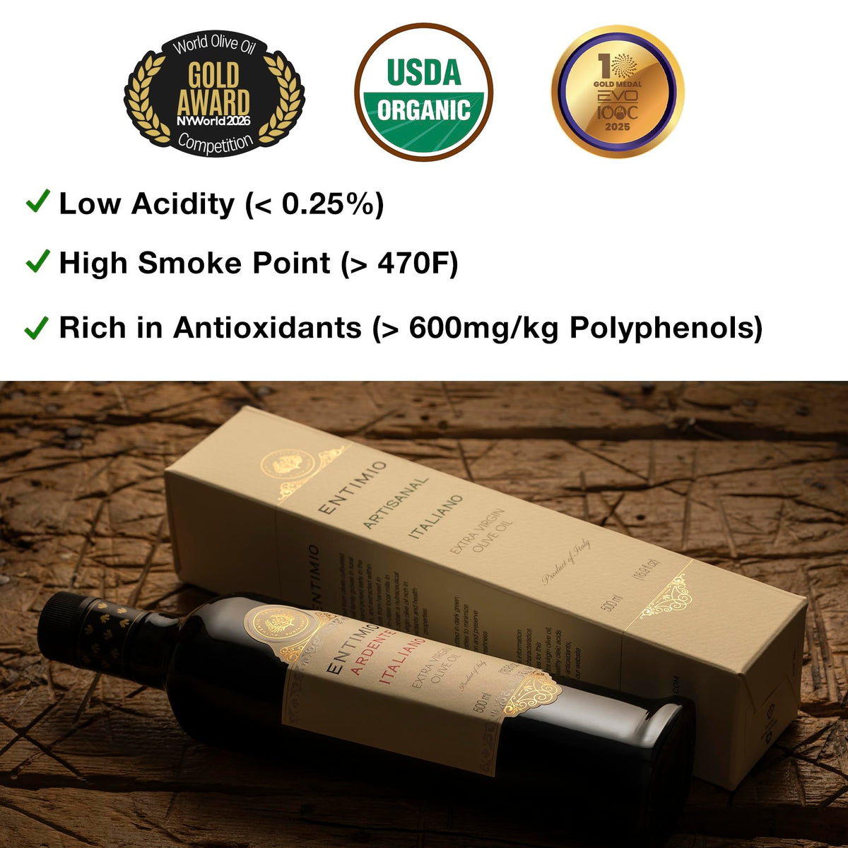 Entimio Ardente bottle pouring setup highlighting cold-extracted method and high polyphenols